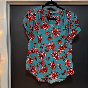 41 Hawthorn Teal Blouse with Red Floral Pattern